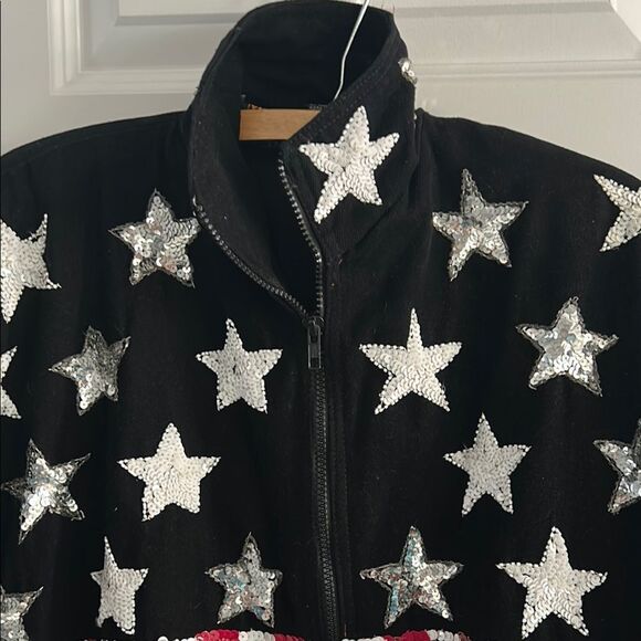 Vintage MOD denim Stars and Stripes sequin denim jacket large - Picture 2 of 15